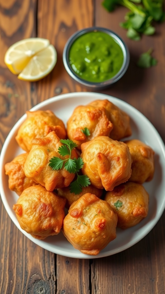 Crispy onion kachoris served with green chutney and lemon slices on a rustic table.